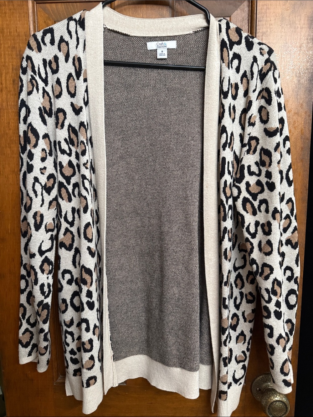croft & barrow Beige Leopard Print Open-Front Cardigan with Brown Accents